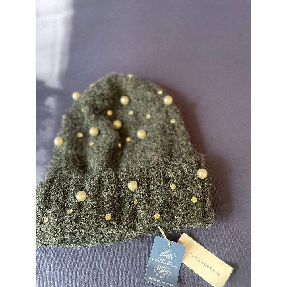 NWT Anthropologie Maeve Gray Embellished Pearl Brushed Knit Beanie Hat Bling OS - Picture 3 of 6